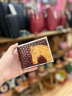 Hand Crafted Tooled Leather Horse Card Holder - Brown & Tan
